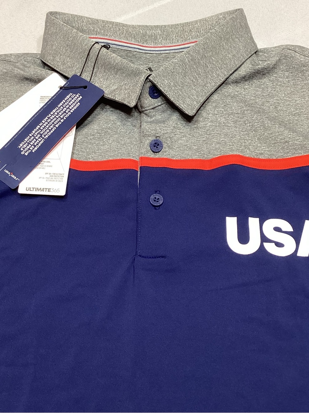 adidas Golf USA Olympic Polo Shirt Men’s XL NWT Blue Gray Colorblock UPF 50 NEW - Picture 7 of 13